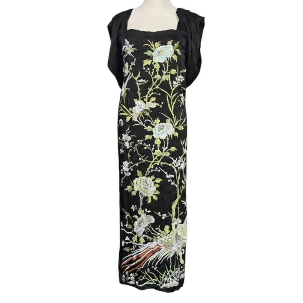 ASOS Black Floral Embroidered Maxi Dress Womens US 8 Viscose Square Neck